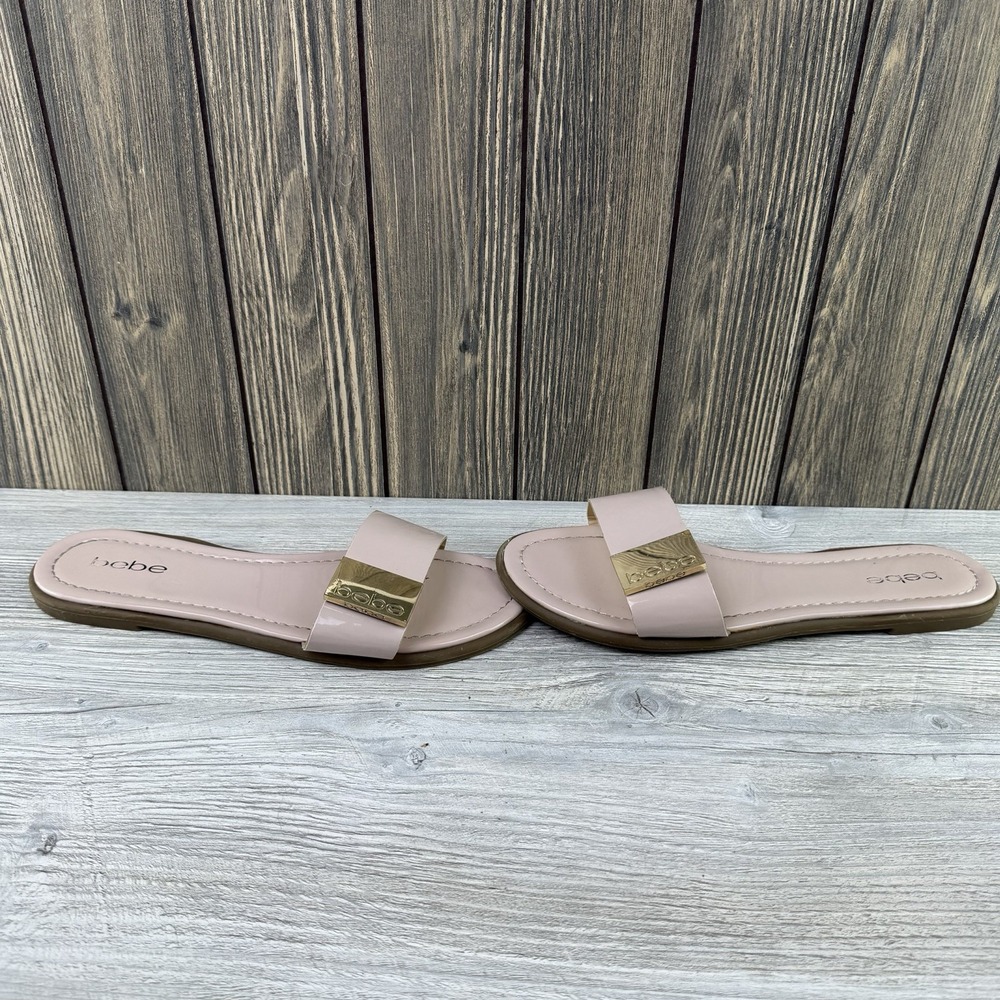 Bebe Lania Women's Slide Sandals Blush Pink Patent Gold Logo Size 9 Flats